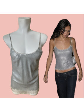 Silver Sequin Silk-Lined Cami Top Y2K Party Tank Size S